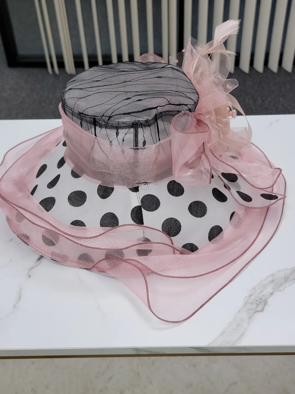Elegant Pink Polka Dot Floral Derby Hat